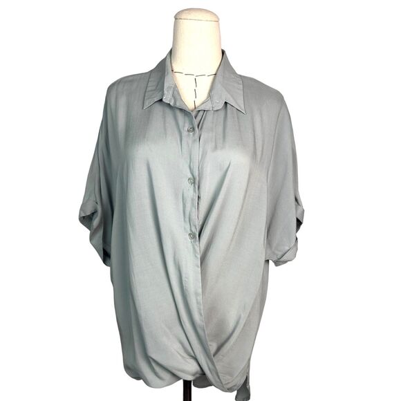 By Together Button-Up Top Womens Size Medium Light Blue Rolled Hem Lightweight - Picture 6 of 14